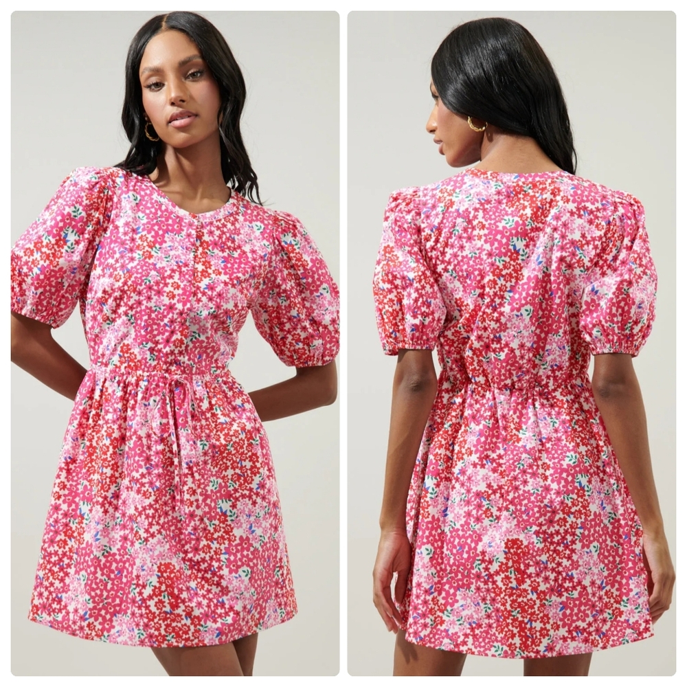 SUGARLIPS Women's Caicos Floral Alba Puff Sleeve Mini Dress Pink Size Small/Medi